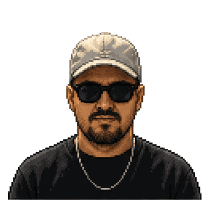 Pixel-art portrait of Eugene Truuts wearing a cap and sunglasses